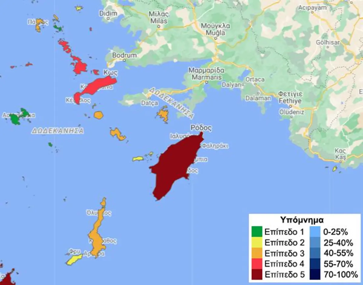 Στο ΒΑΘΥ ΚΟΚΚΙΝΟ η Ρόδος και στο ΚΟΚΚΙΝΟ Λέρος, Κάλυμνος, Κως, στο νέο επικαιροποιημένο επιδημιολογικό χάρτη
